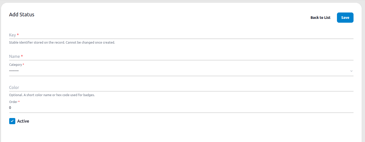 Add Status form showing the Key, Name, Category, Color, Order, and Active fields